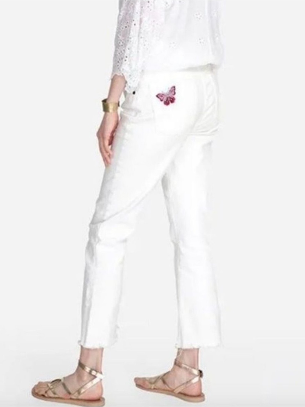 Johnny Was White Cropped Jeans with Pink Butterfly Patch